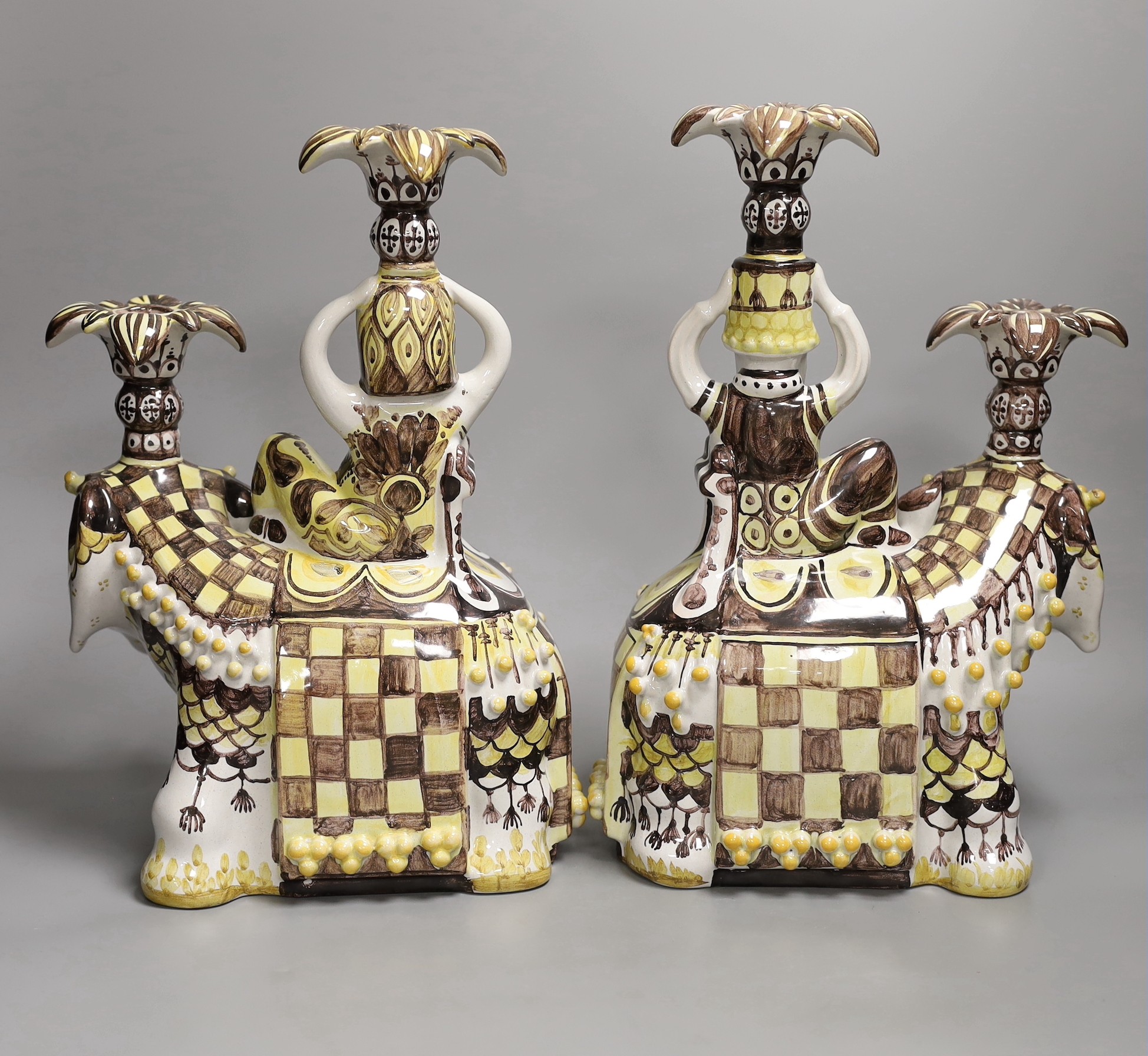 Bjørn Wiinblad for Gustavsberg, a pair of elephant and riders candelabra, marked to base, 34cm tall